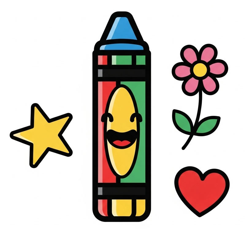 Kids coloring pages site icon with colorful cartoon crayon and doodles