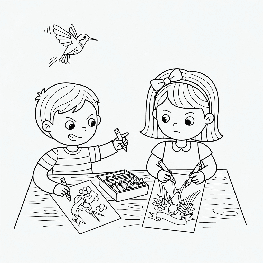 Line art of two children coloring bird pages together.