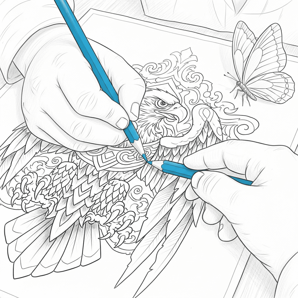 Close-up sketch of a child's hands coloring a detailed bird.