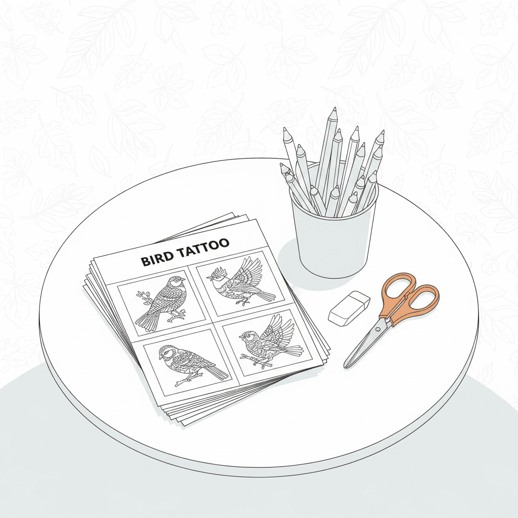 Top-view sketch of coloring supplies and bird pages on a table.