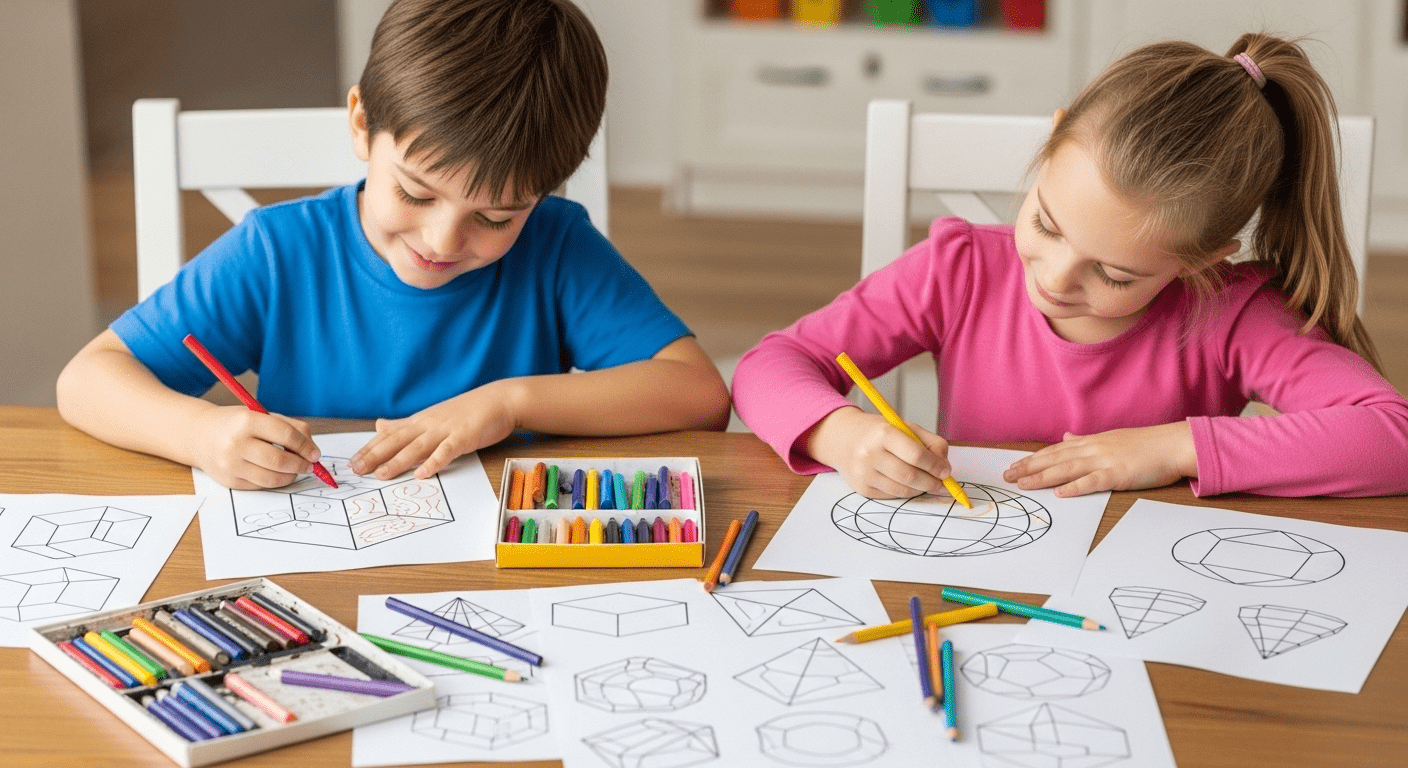 Black and white sketch of children coloring 3D shape pages at a table with crayons and pencils.