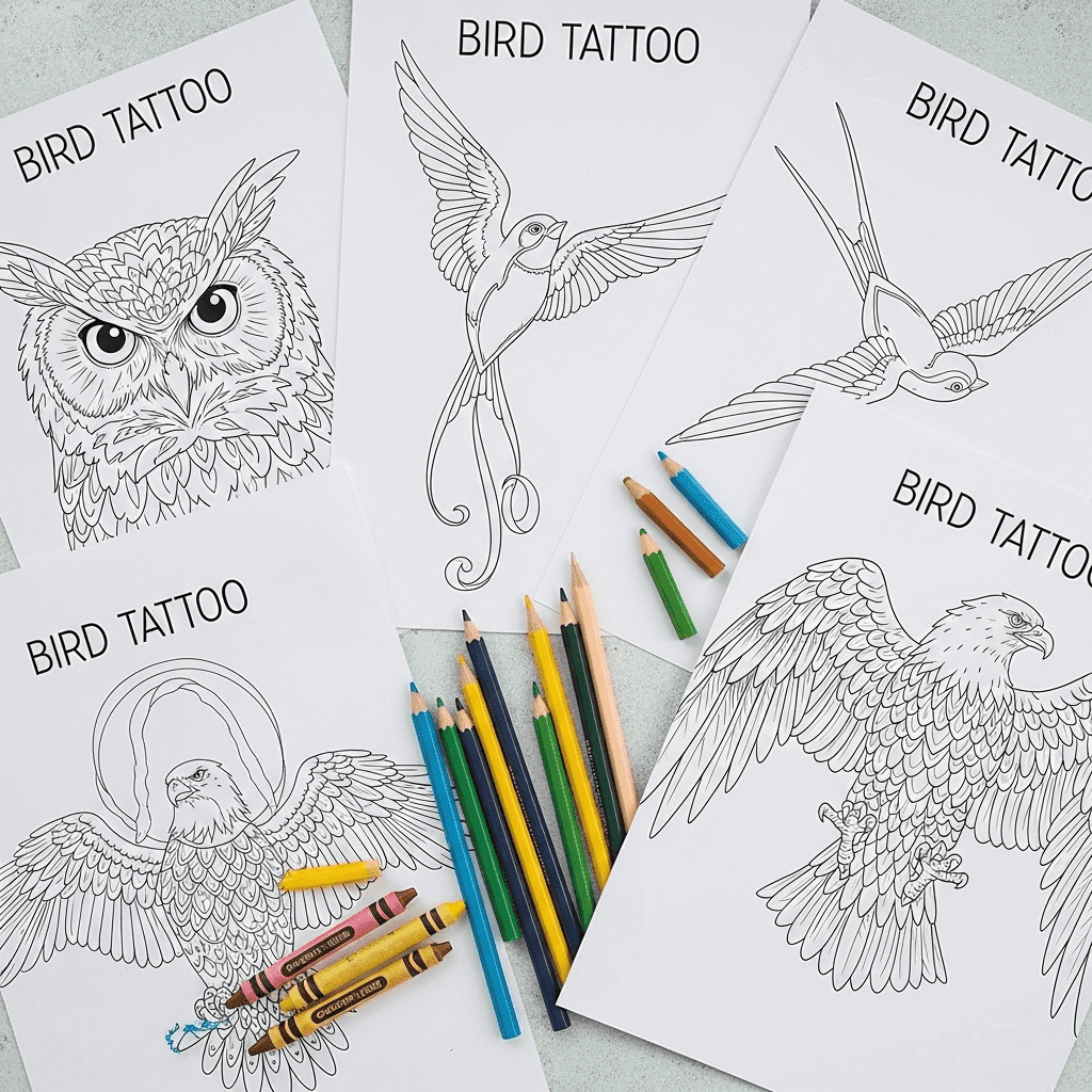 Top-down sketch of fanned bird coloring pages with crayons.