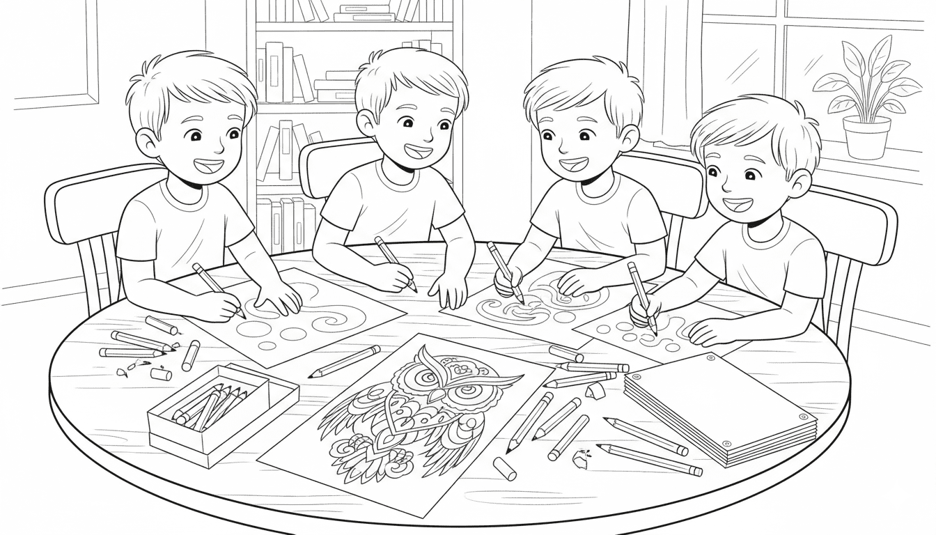 Black-and-white sketch of children coloring bird tattoo pages in a forest.