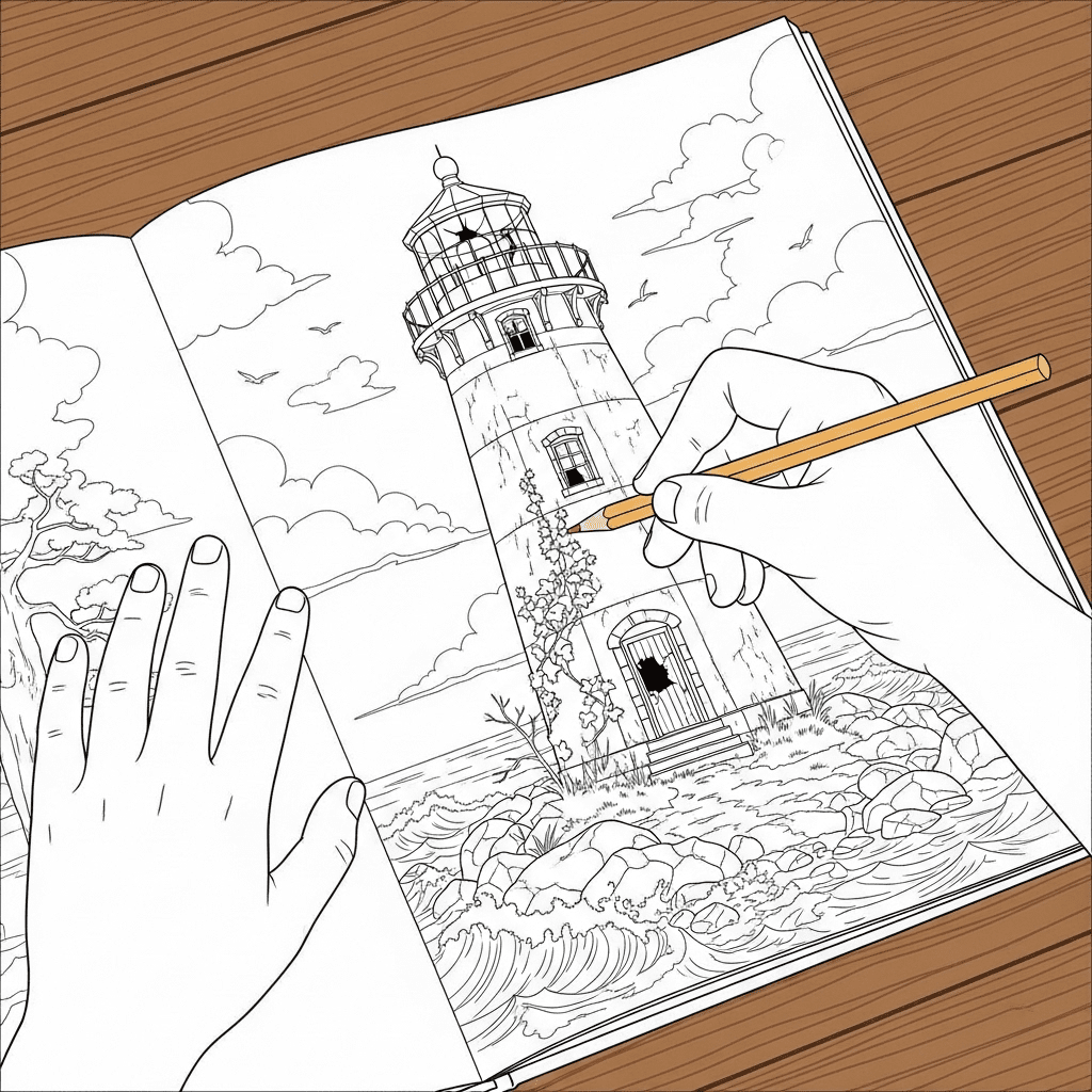 Close-up contour drawing of a child's hand coloring a forgotten lighthouse.