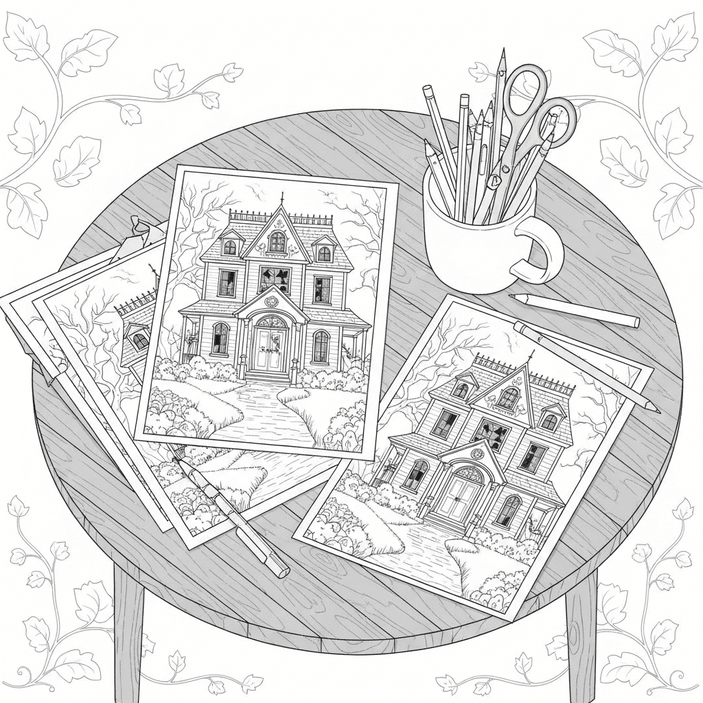 Minimalist isometric sketch of a coloring station with crayons and abandoned mansion pages.