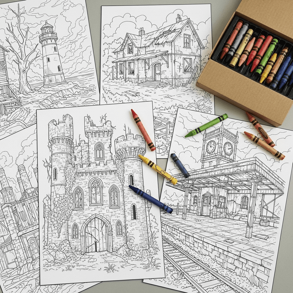 Top-down angled sketch of various abandoned places coloring sheets and crayons.