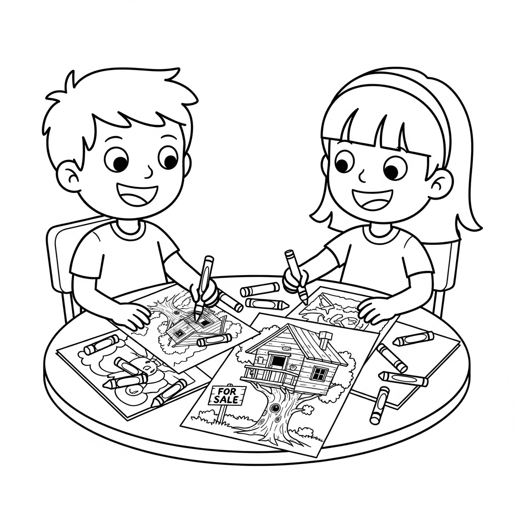 Simple cartoon outline of a boy and a girl happily coloring at a table.