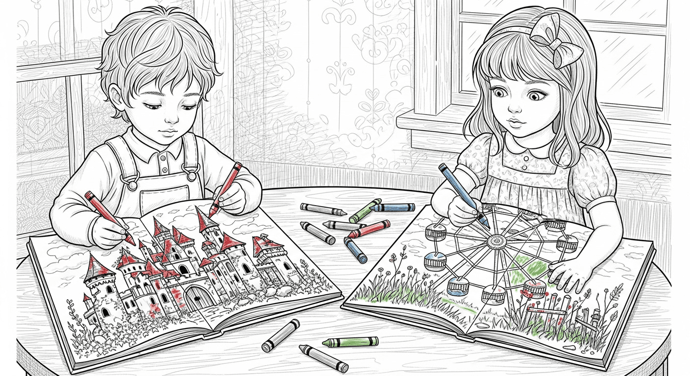 Black and white line drawing of children coloring an abandoned castle and Ferris wheel.