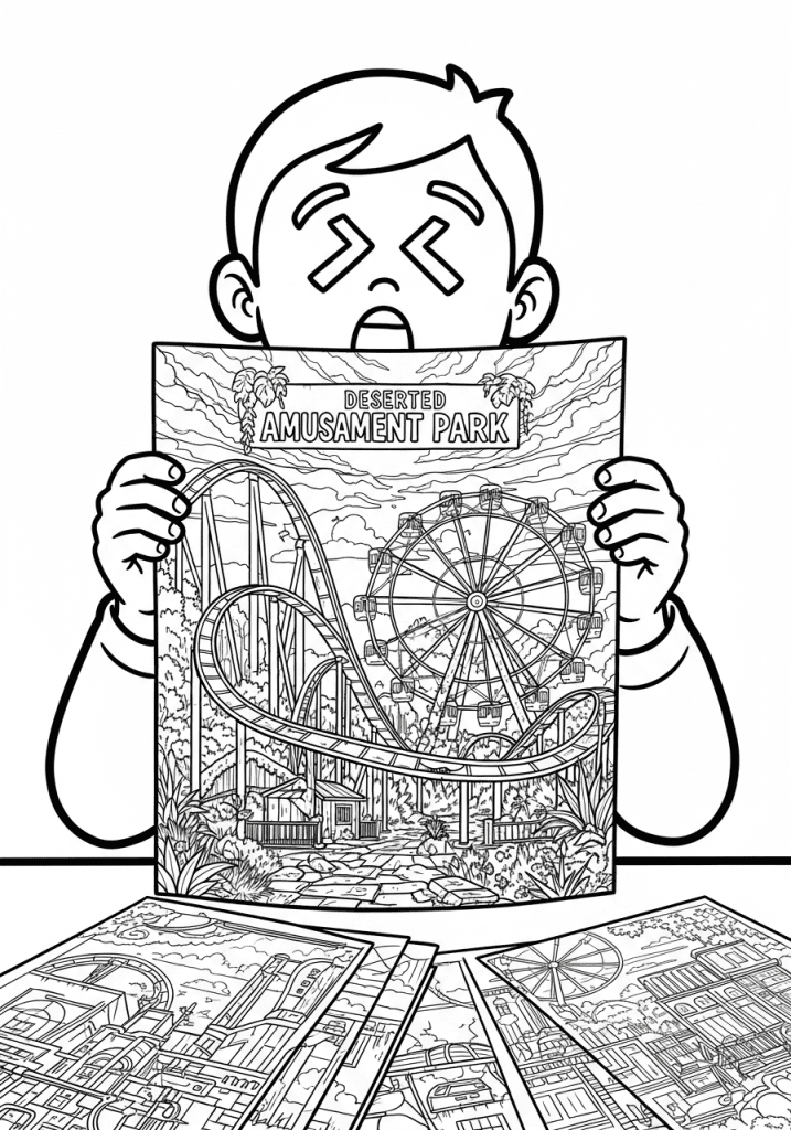 A surprised and delighted child looking at a stack of coloring pages featuring a deserted amusement park and a rusty vintage car.