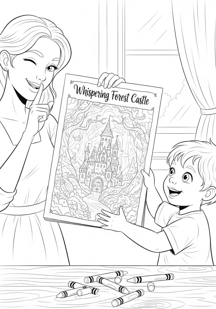 A mother smiling as she hands her child a coloring page of a mysterious castle, with a 