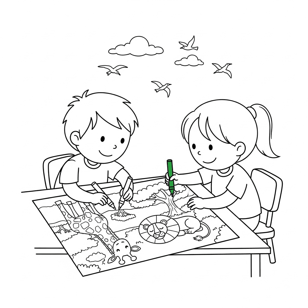 A simple doodle of two children concentrating as they color a safari scene together at a table.