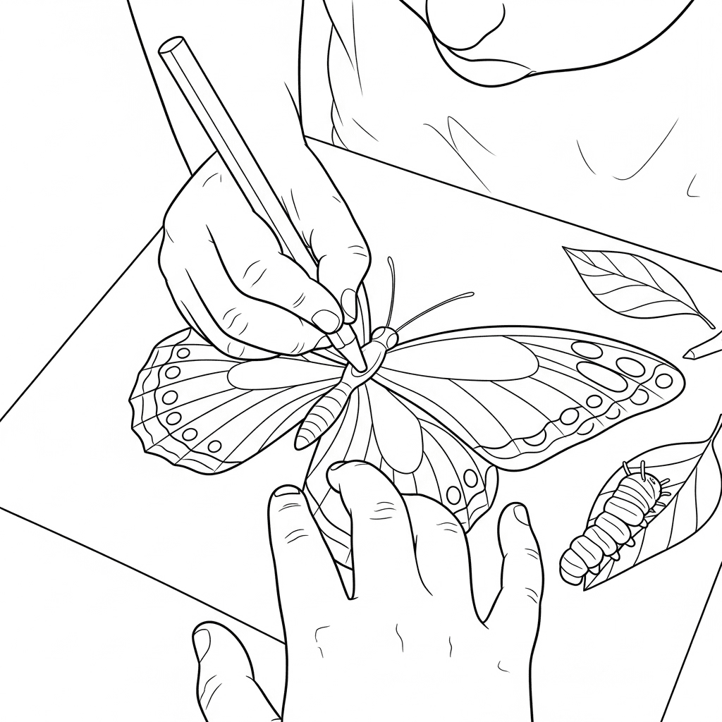 Close-up line-art of a child's hands coloring a detailed butterfly page with a crayon.