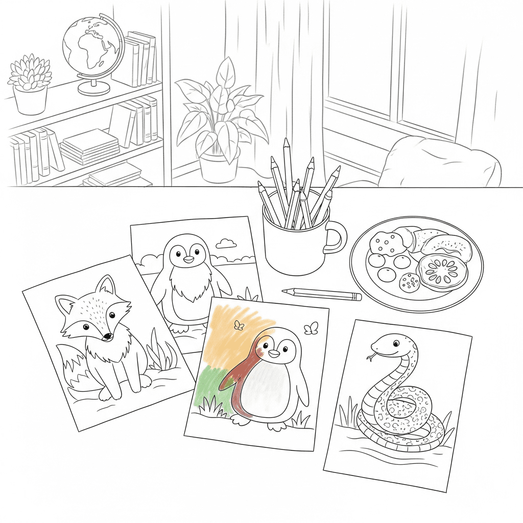 A top-down isometric sketch of a child's sunlit desk with coloring pages, crayons, and a snack.