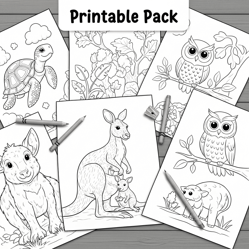 A black-and-white top-down sketch of fanned-out animal coloring pages with crayons on a wooden table.