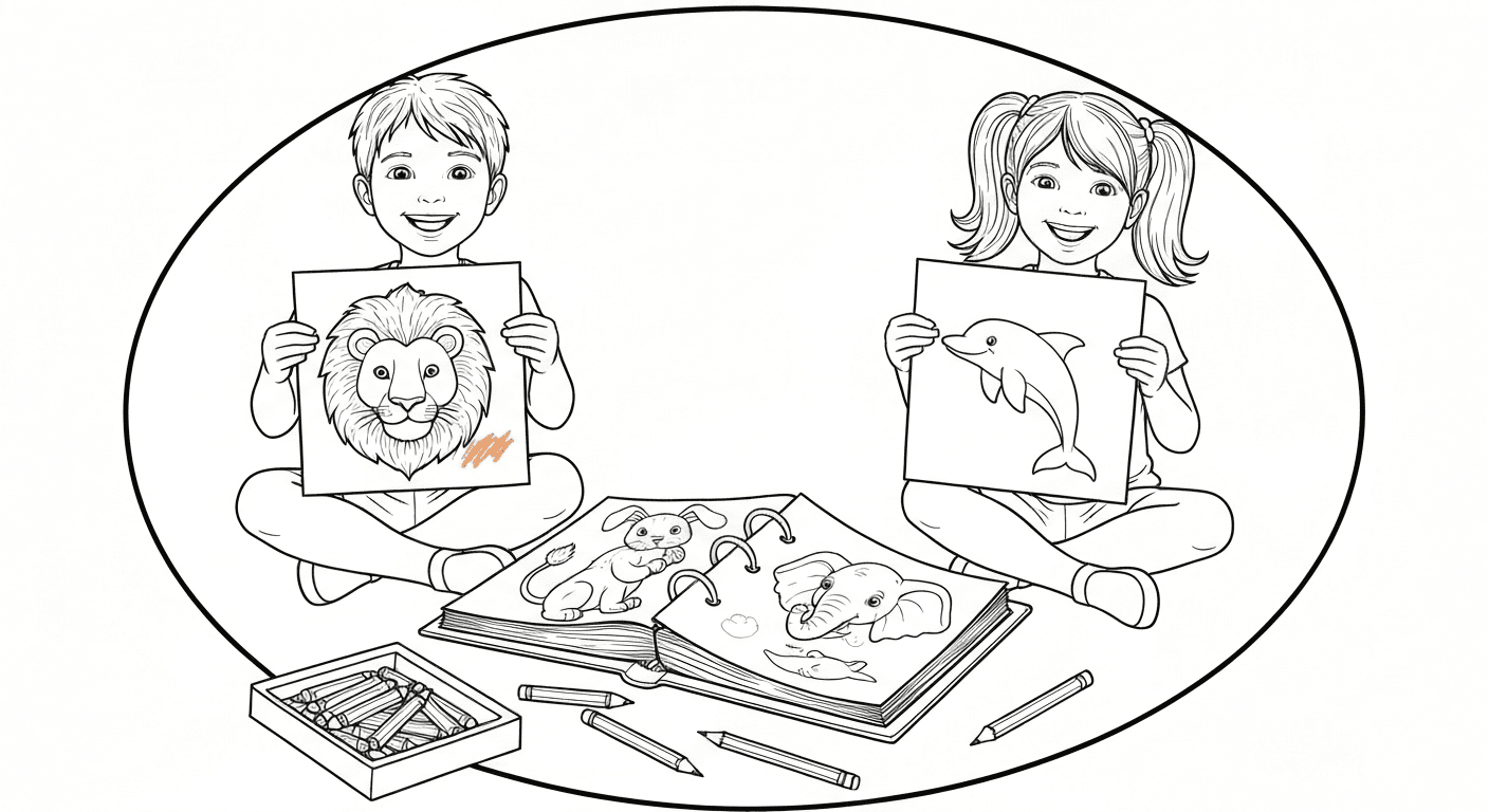 A hand-drawn storybook scene of a boy and girl showing off their colored animal pages, surrounded by crayons and more printable.