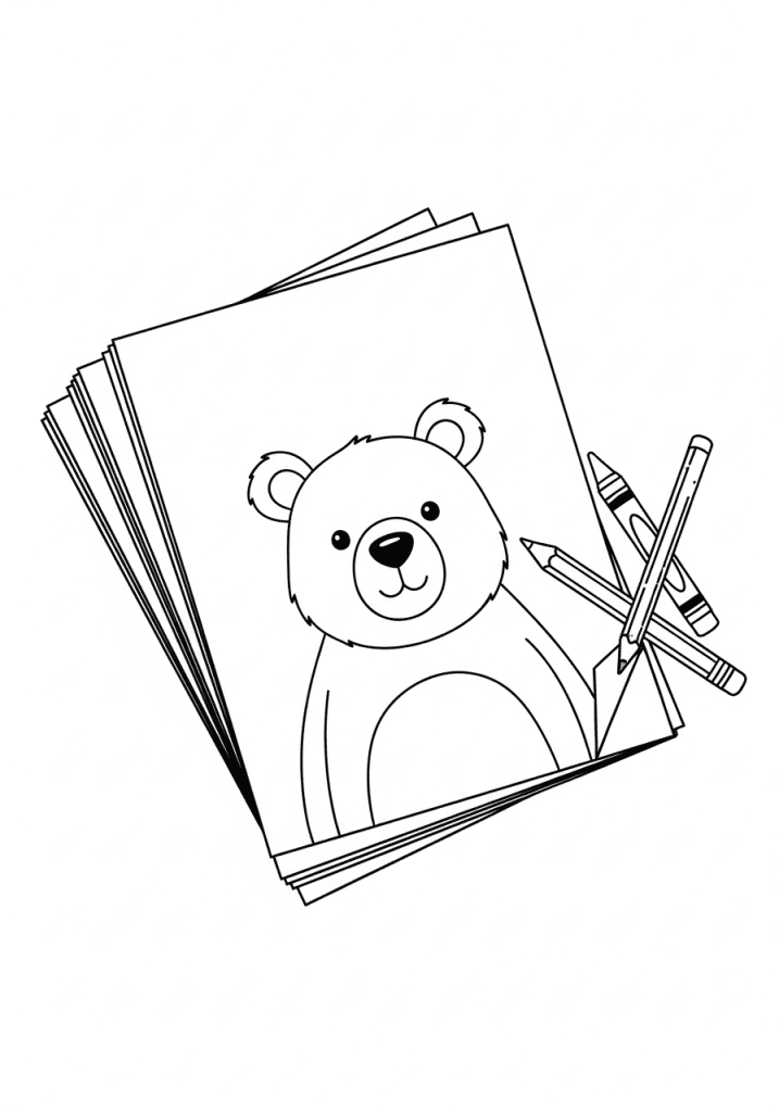 A black-and-white line-art drawing of a stack of three printable coloring pages featuring a friendly bear, with crayons and a pencil.