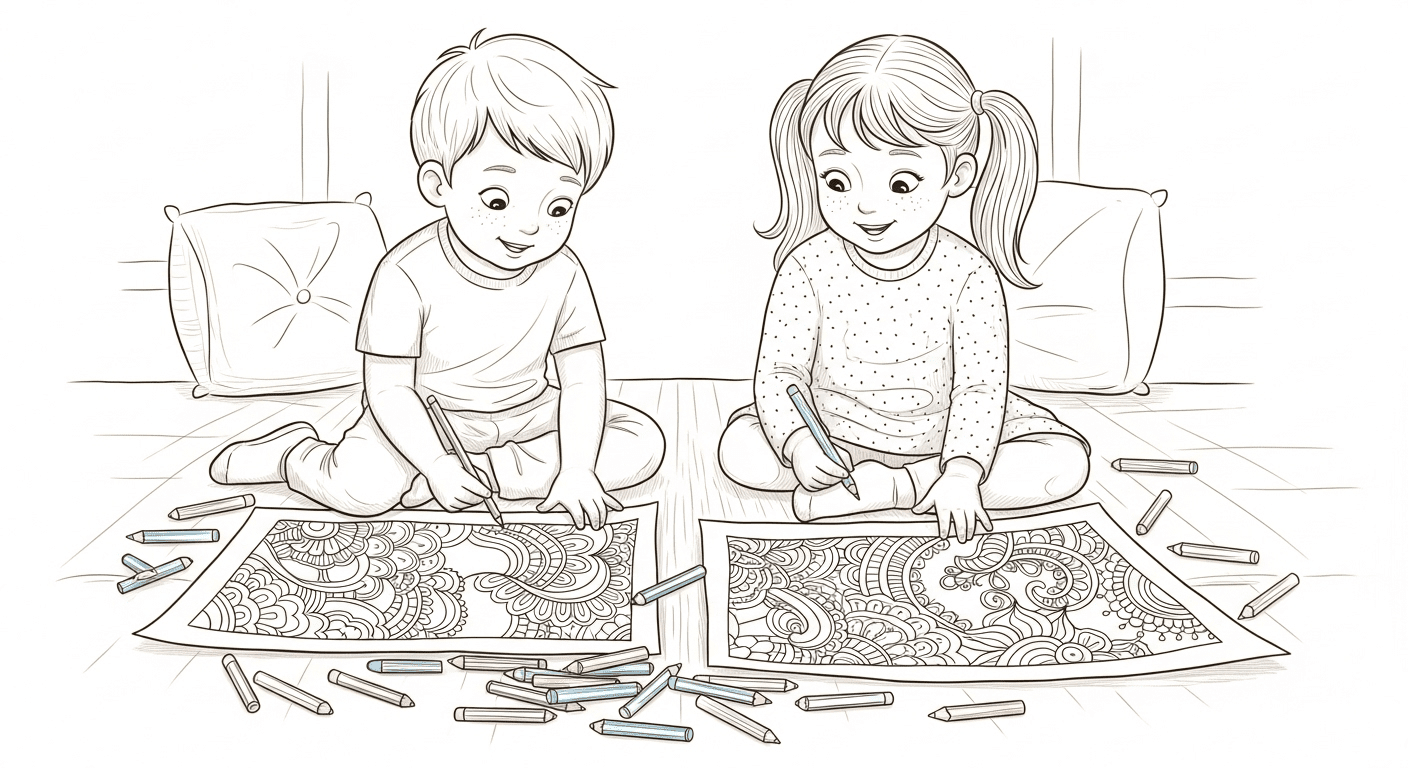 Black and white sketch of two children coloring intricate mehndi designs on a large paper.