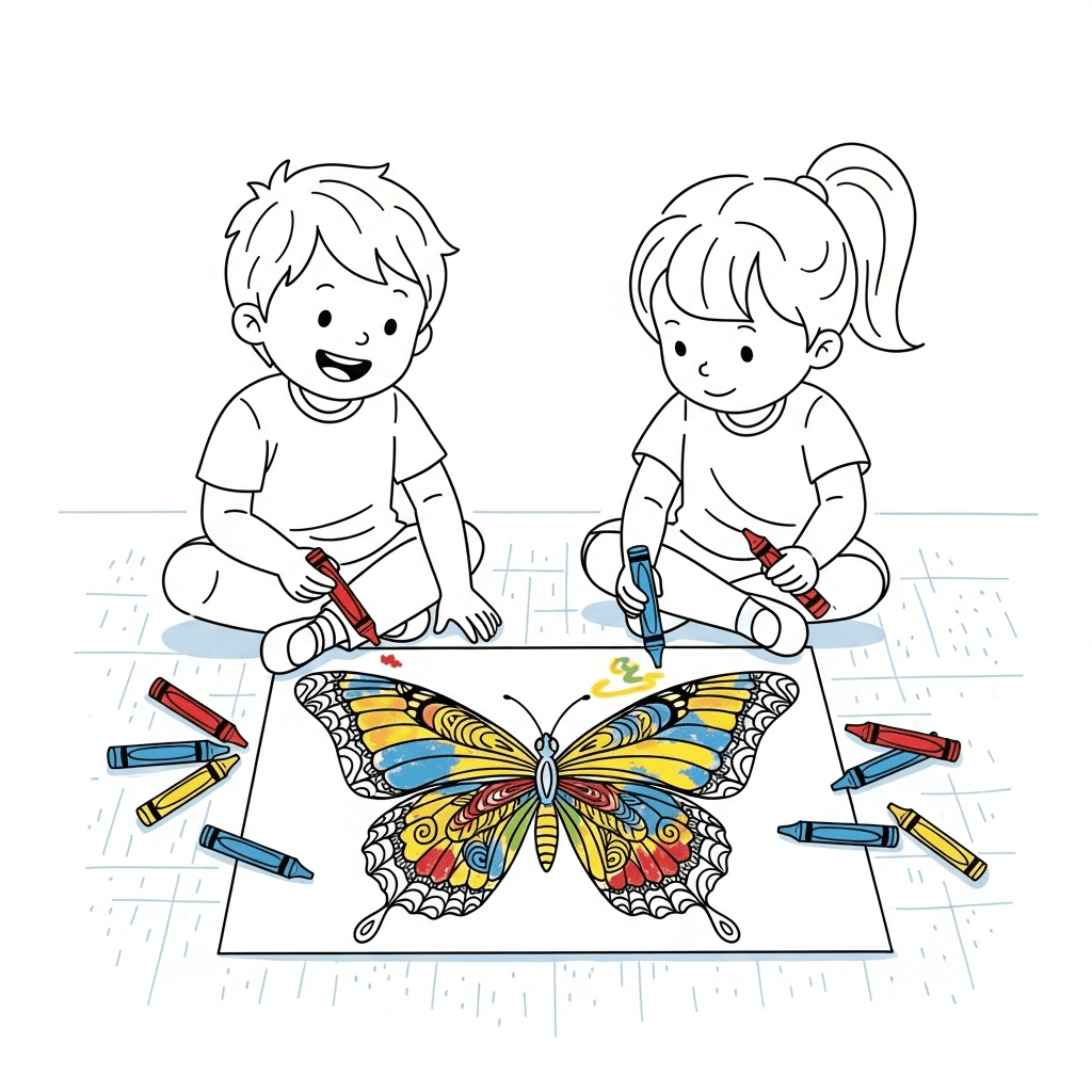 Simple outline of two kids coloring a large butterfly page.