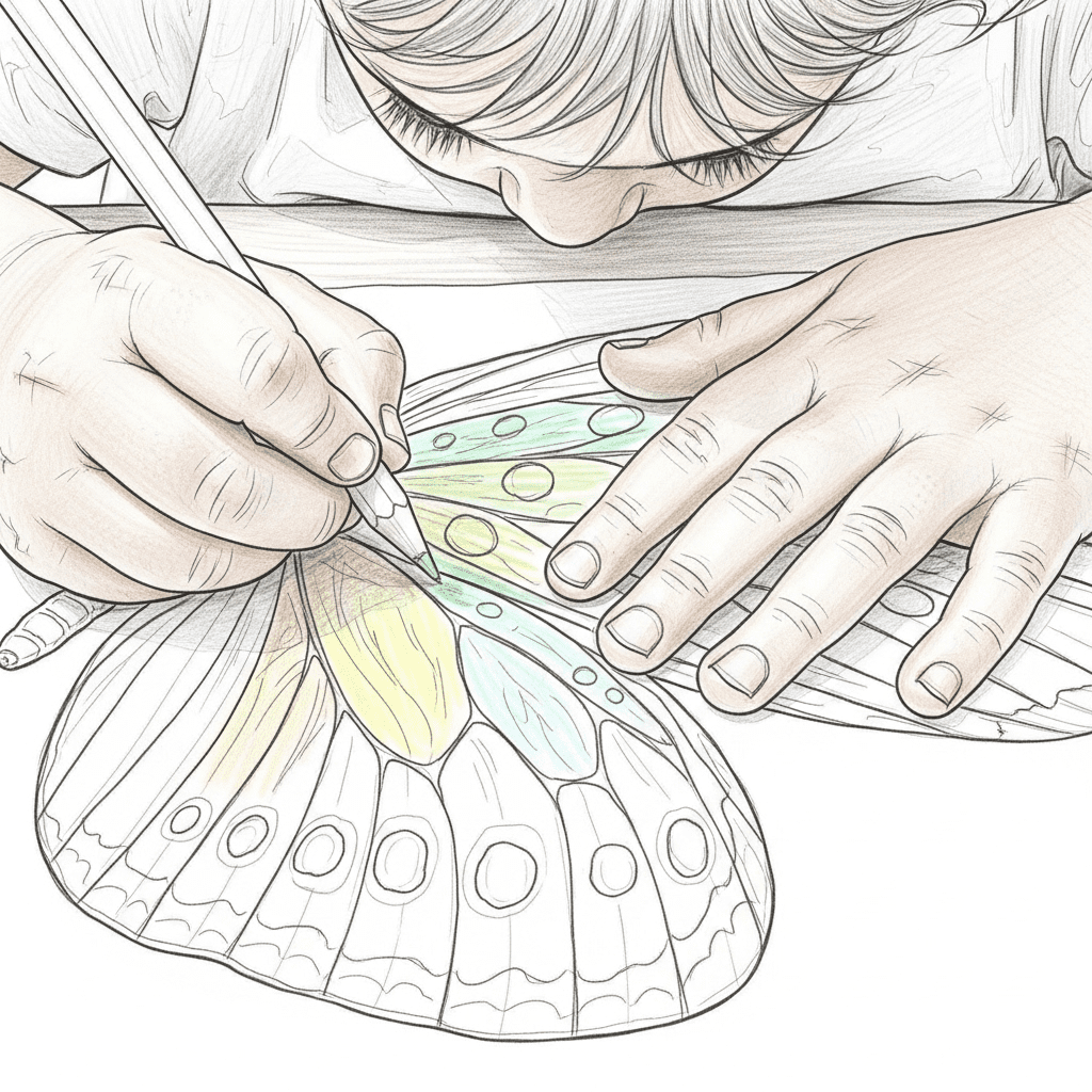 Simple outline of two kids coloring a large butterfly page.