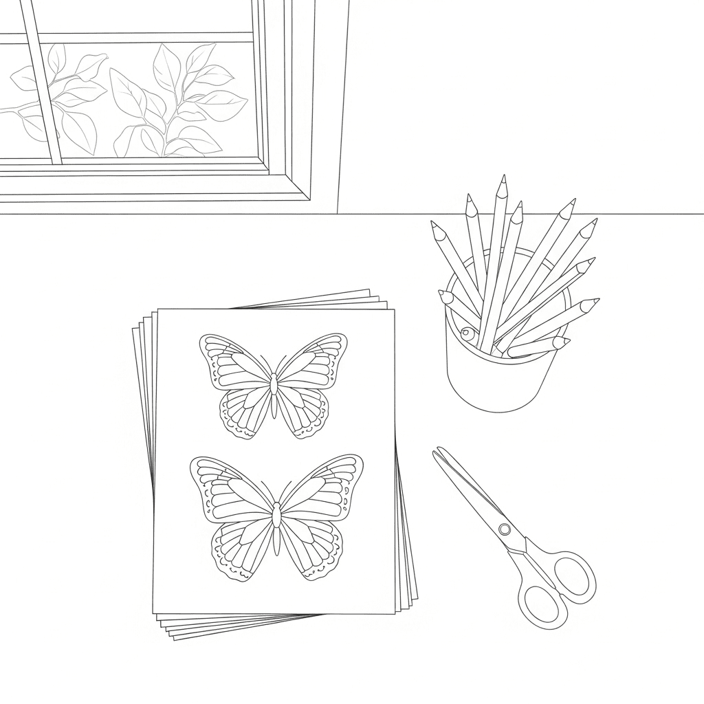 Close-up drawing of a child’s hands carefully coloring a butterfly wing.