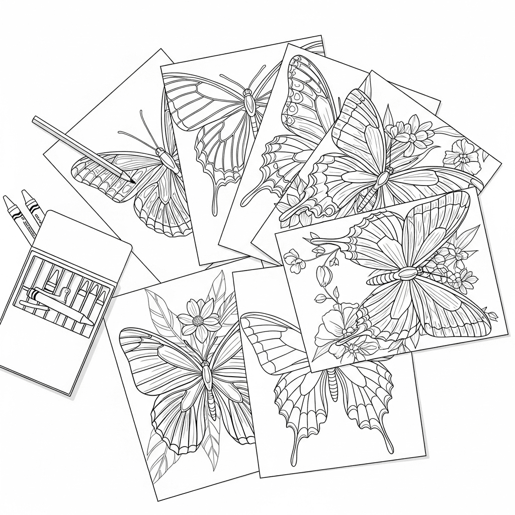 Top-down sketch of multiple butterfly coloring pages and crayons.