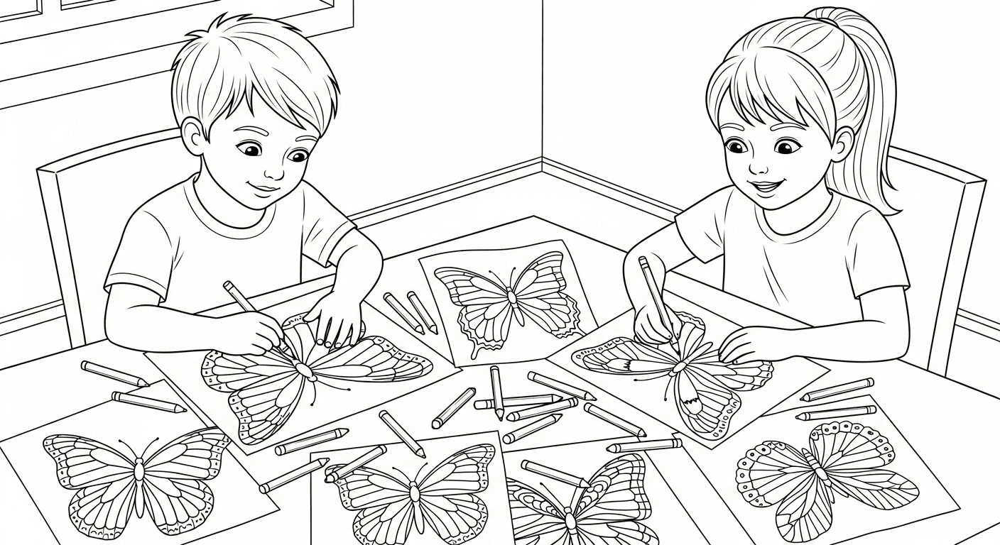 Black and white sketch of children coloring butterflies at a table.