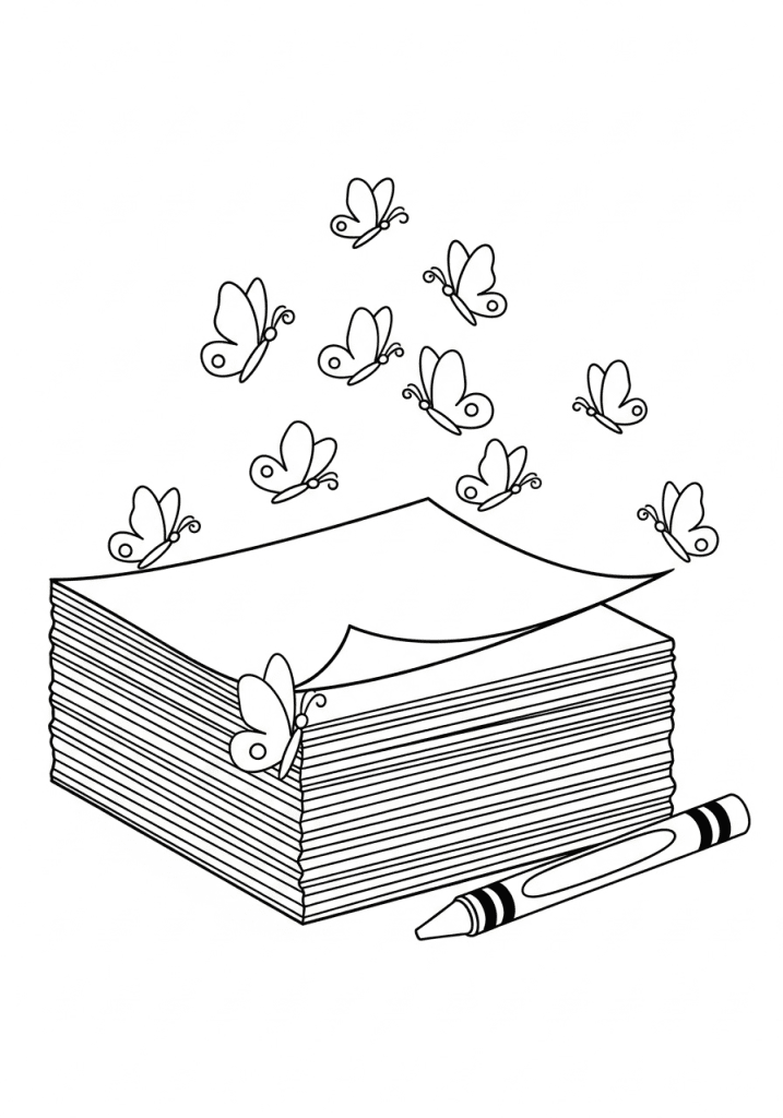 Stack of printable butterfly coloring pages with a curled edge.