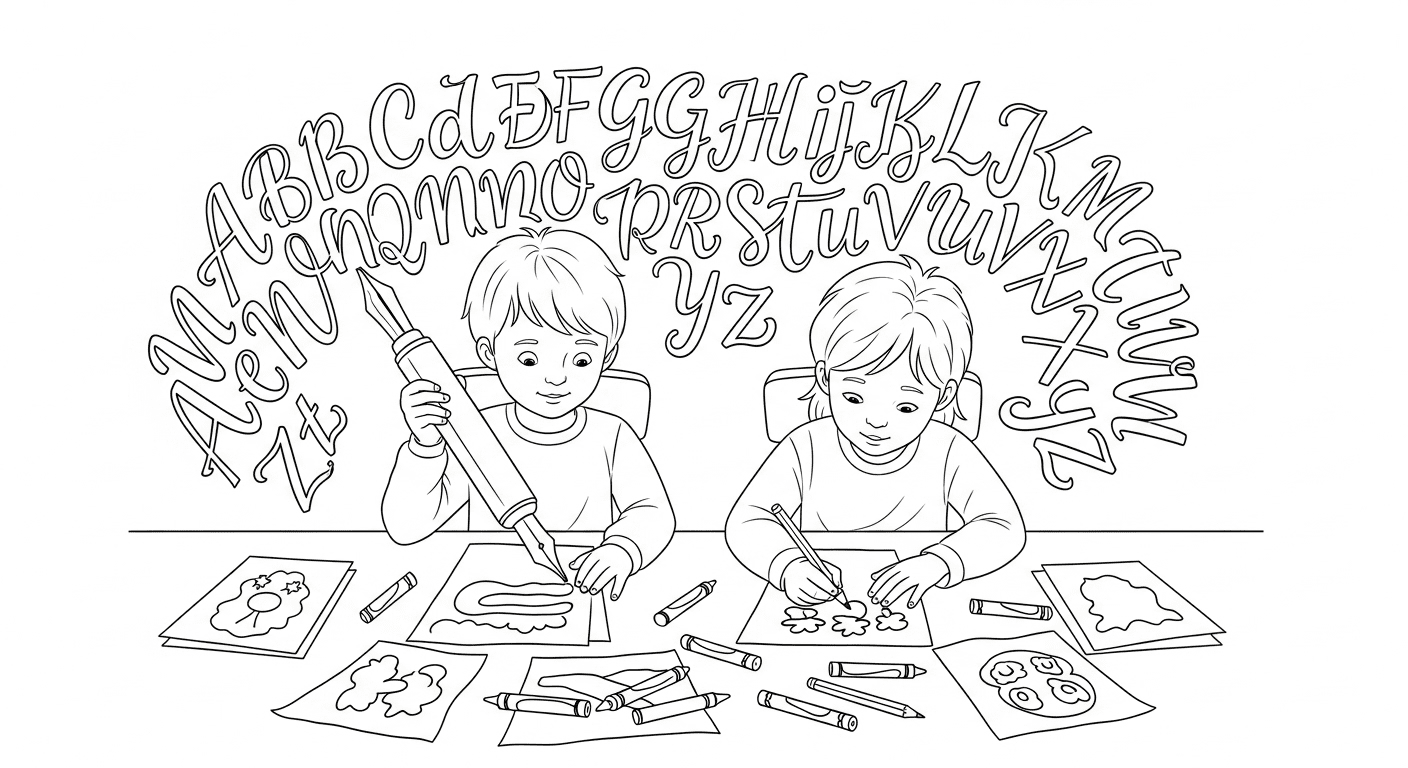 Black and white storybook sketch of children exploring calligraphy with floating letters and art supplies.