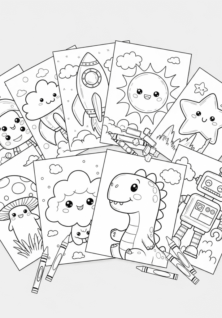 Black and white flat lay of scattered coloring pages featuring cartoon rocket, dinosaur, and smiling sun with crayons arranged alongside.