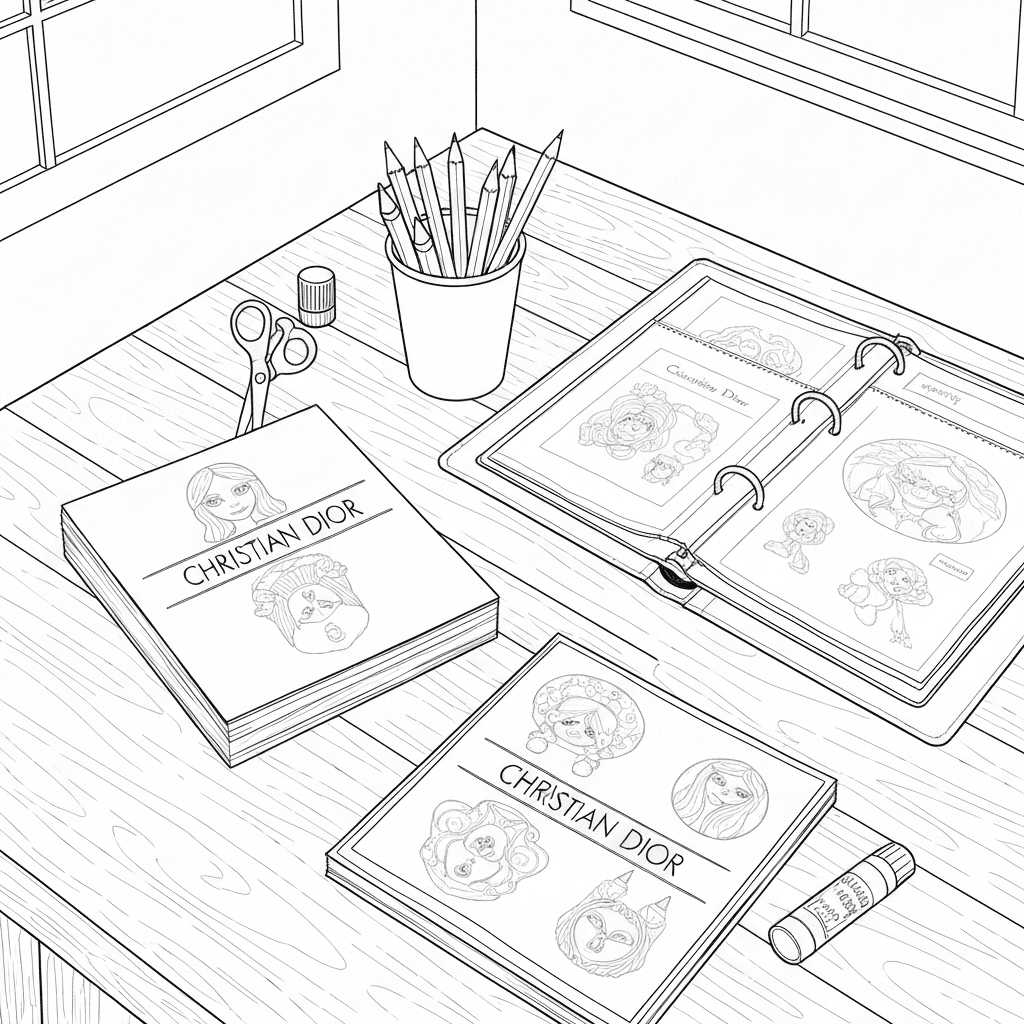 A black-and-white line drawing of an organized art station with Dior coloring pages and supplies.