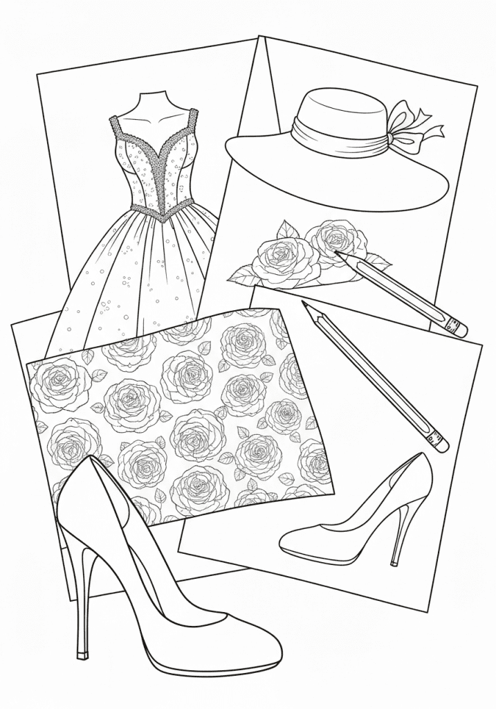 A simple line drawing of three stacked coloring pages with a crayon and pencil on top.