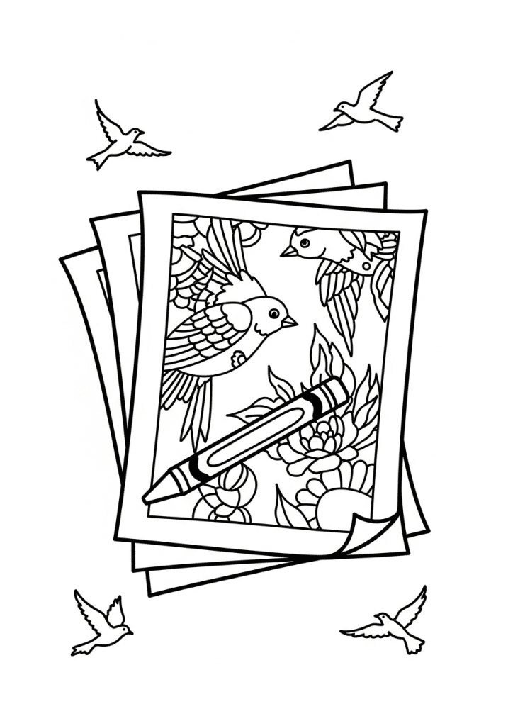 Simple sketch of a stacked coloring page pack with a crayon.