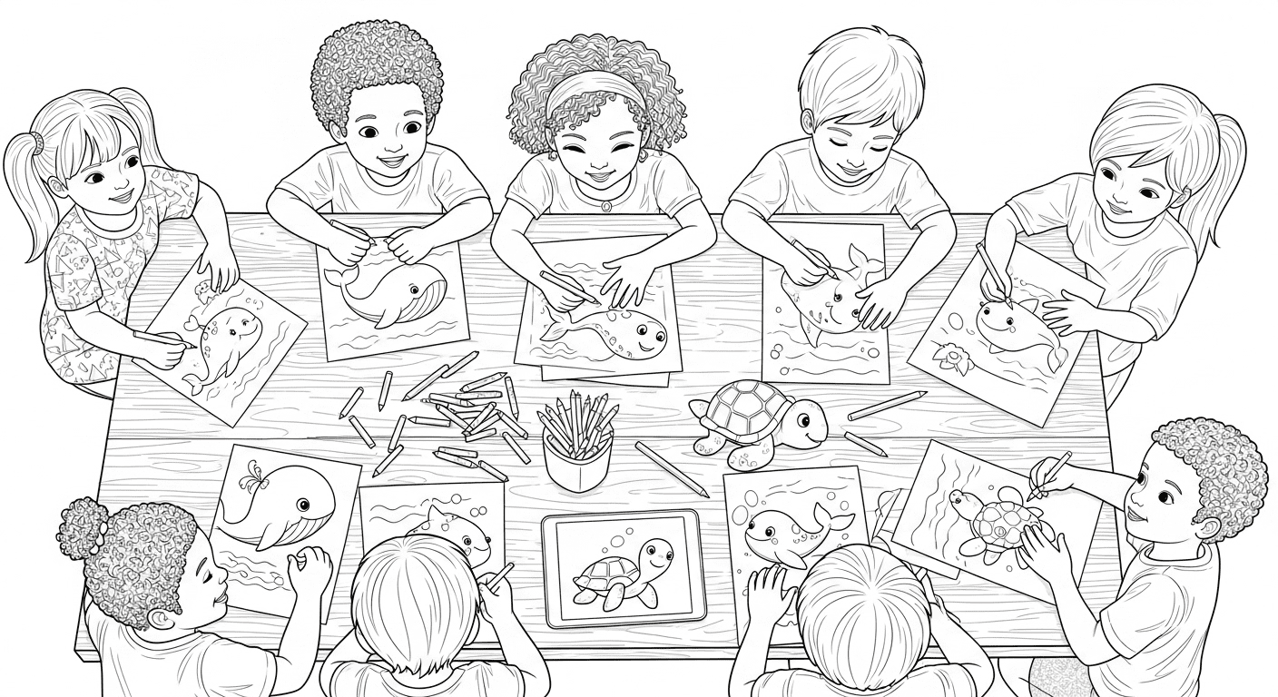 A black-and-white sketch of diverse children coloring sea creature pages at a table with a facedown tablet.