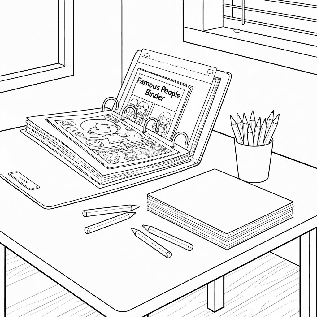 An organized activity setup with an open binder of coloring pages, a stack of blank printable, and a cup of crayons on a table.