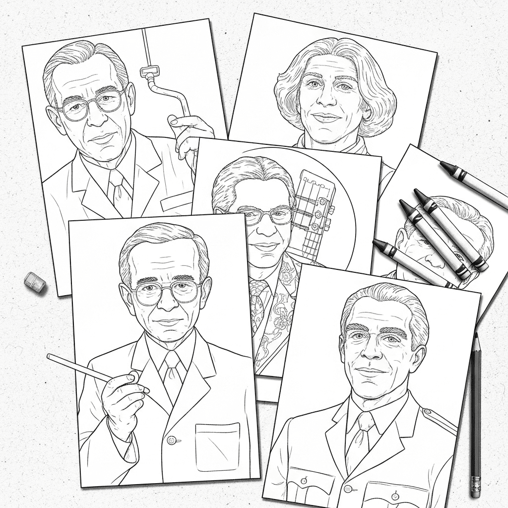 A flat lay of diverse famous people coloring pages with crayons, showing scientists, musicians, and leaders.