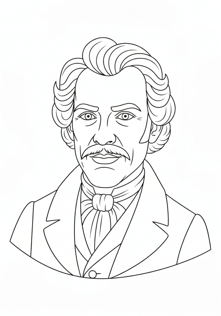 A simple black and white outline portrait of a famous historical figure for children to color.