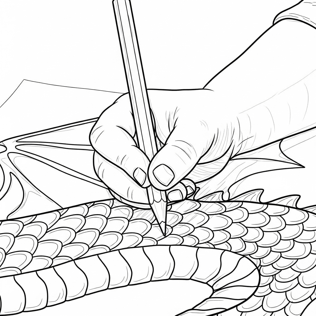 Close-up line art of a child's hand coloring the scaly texture of a dragon on a coloring page with a colored pencil.