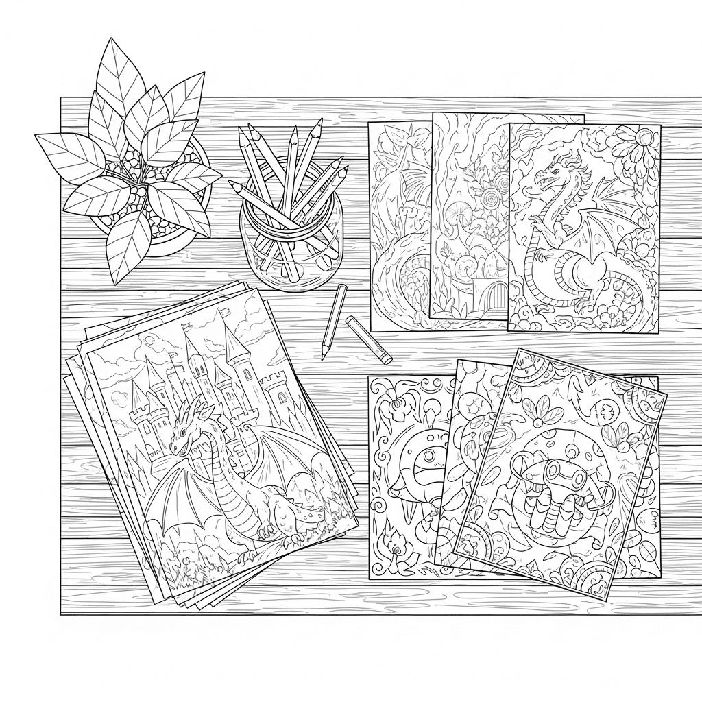 Overhead view of a black-and-white line art coloring setup with fantasy pages, crayons in a jar, and finished artworks on a table.