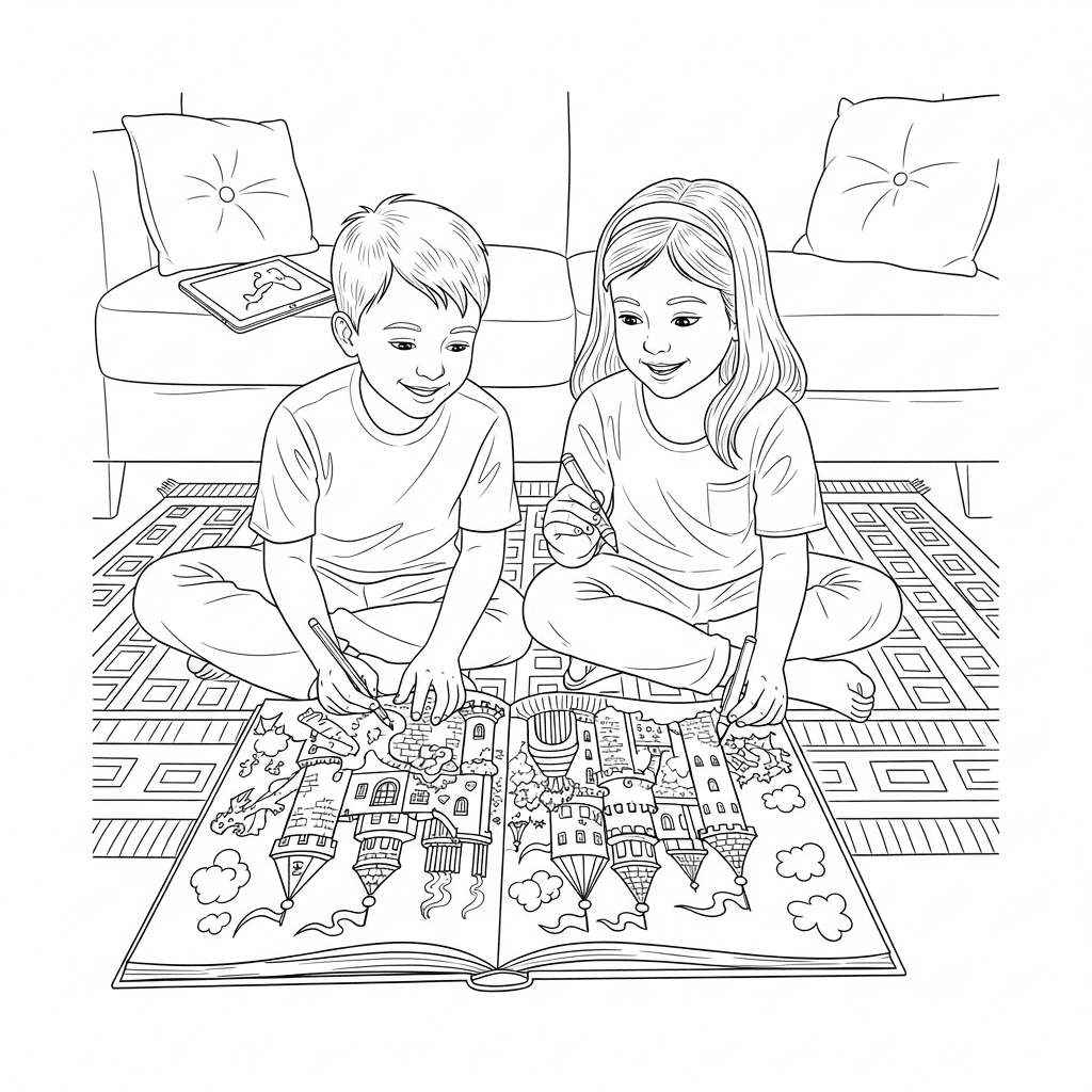 A black-and-white coloring page of a brother and sister sitting on a rug, happily coloring a large fantasy castle, with a forgotten tablet on the sofa.
