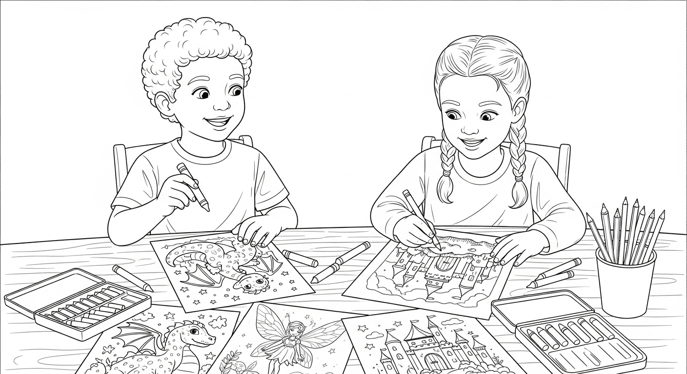 A black-and-white line art coloring page showing a happy boy and girl at a table, coloring pages of a dragon, a fairy, and a castle.