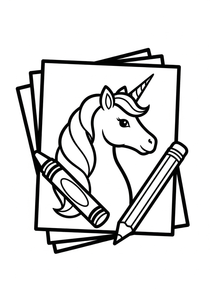 A simple black-and-white icon of a stack of three coloring pages with a unicorn on top, with a crayon and pencil lying across it.
