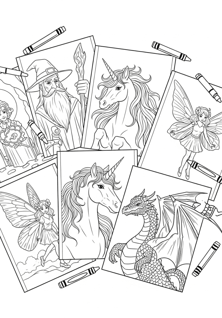 Black-and-white flat lay of fanned-out fantasy coloring pages featuring a wizard, unicorn, fairy, and dragon with scattered crayons.