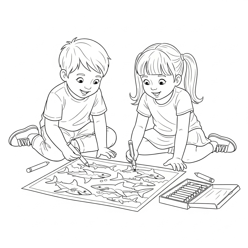 Two children sitting on the floor coloring a large shark drawing page together.