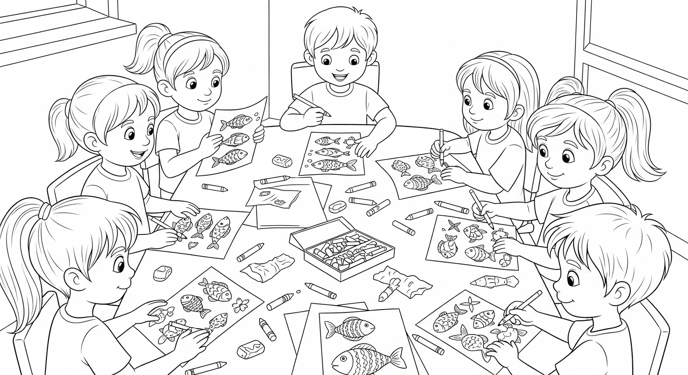 Black and white sketch of children coloring fish drawings with crayons and pencils.