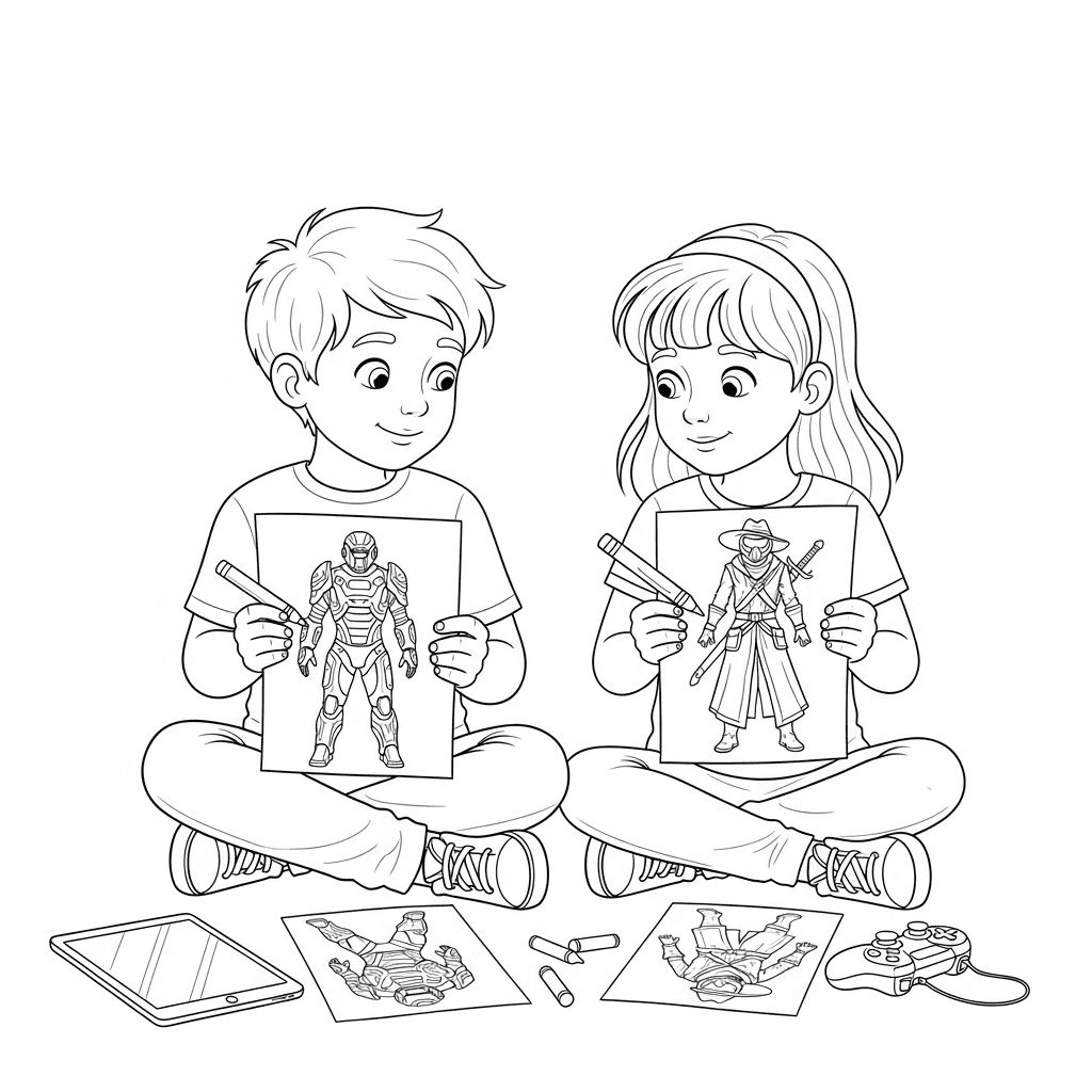 A boy and girl coloring gaming outfit pages together on the floor with a forgotten tablet nearby.