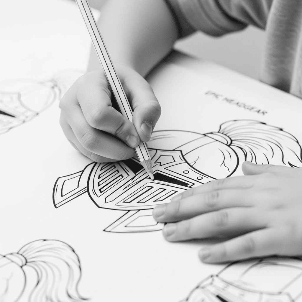 Close-up of child's hands coloring a detailed knight helmet with a pencil.