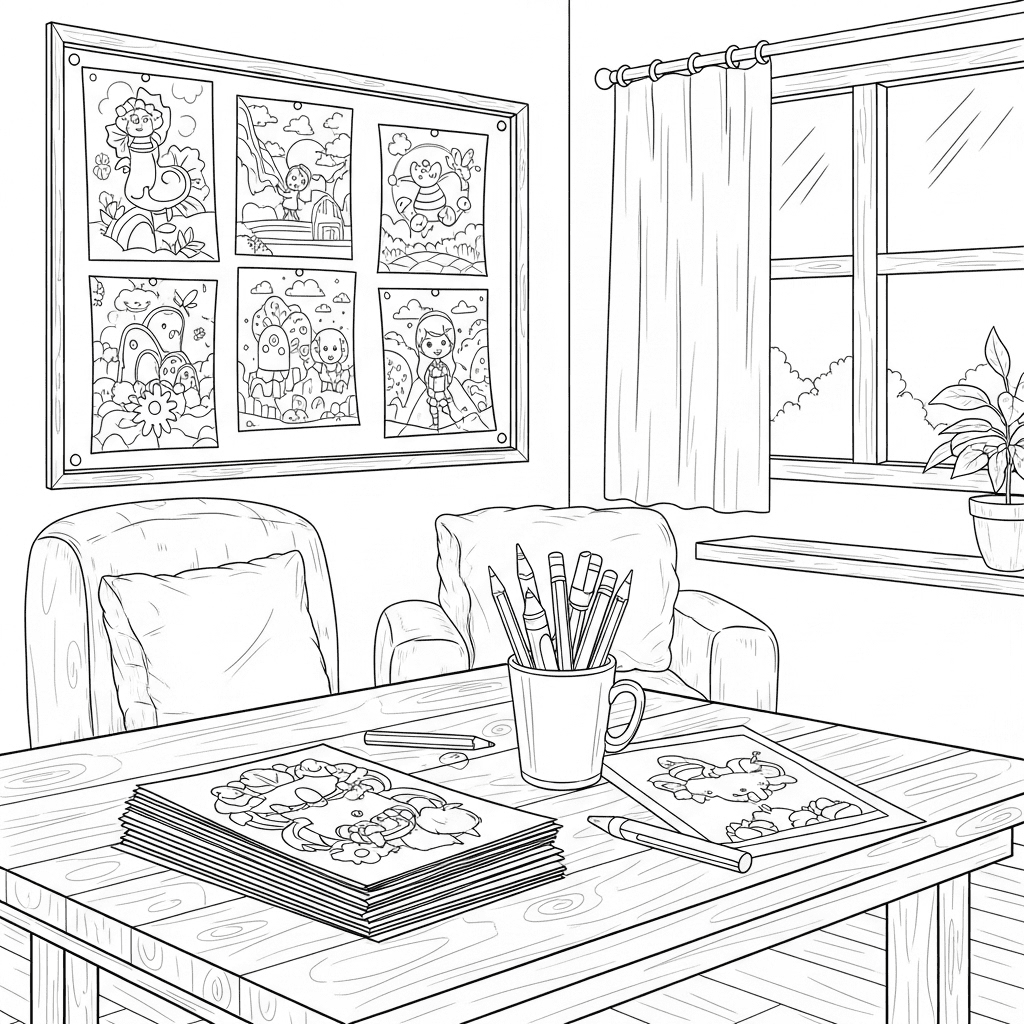 A cozy creative space with a table holding coloring pages, crayons, and finished artwork.