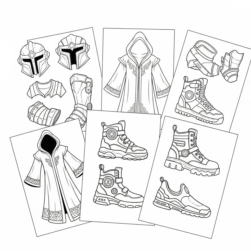 A flat lay of fanned-out gaming-themed coloring pages showing armor, robes, and footwear designs.