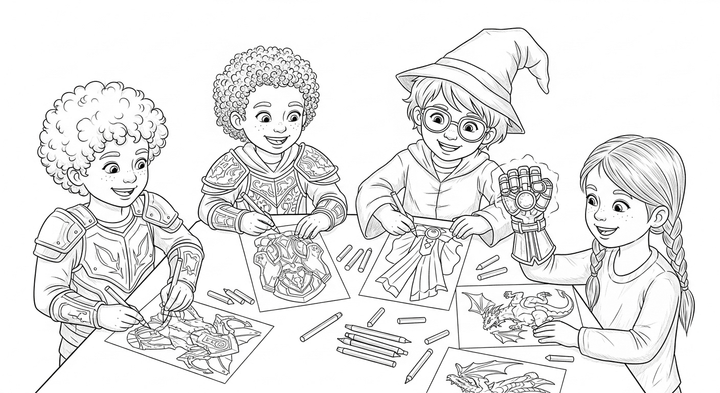 A black-and-white line drawing of diverse children coloring gaming-themed pages like armor and wizard robes around a table.