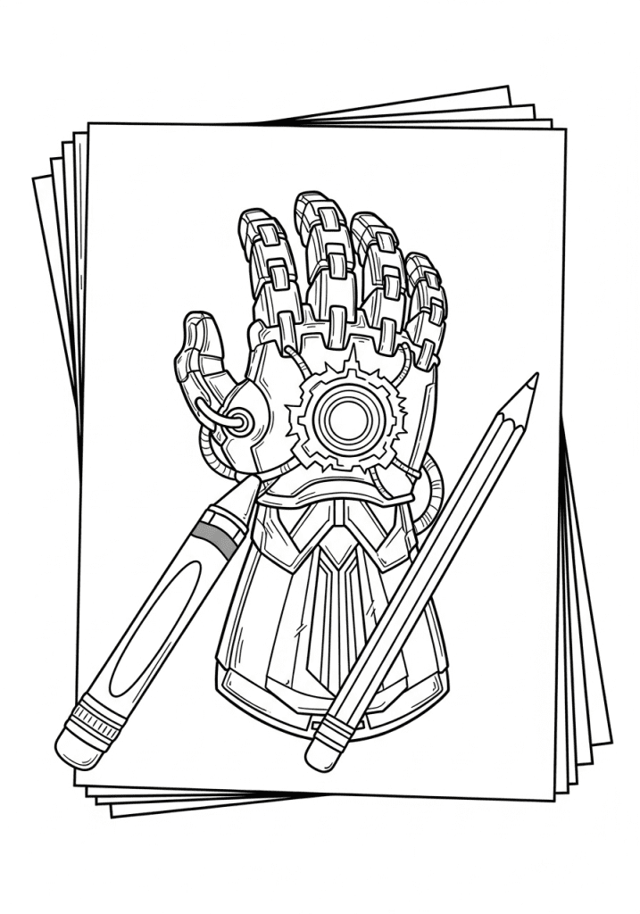 A neat stack of coloring pages featuring a power gauntlet design with crayon and pencil on top.